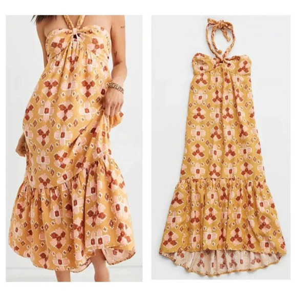 Aerie Southwetsern Summer Boho Maxi Linen Blend Dress L - Picture 1 of 7